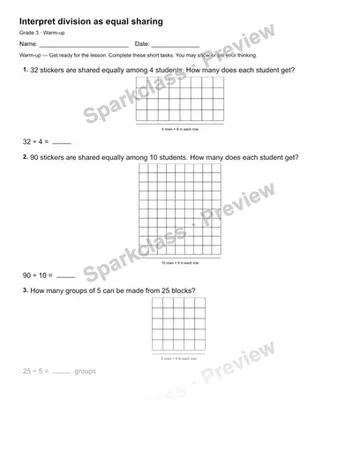 Interpret division as equal sharing — Warm-up — Grade 3 worksheet preview
