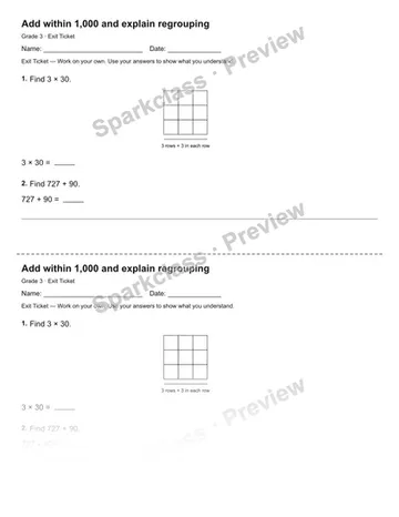 Add within 1,000 and explain regrouping — Exit Ticket — Grade 3 worksheet preview