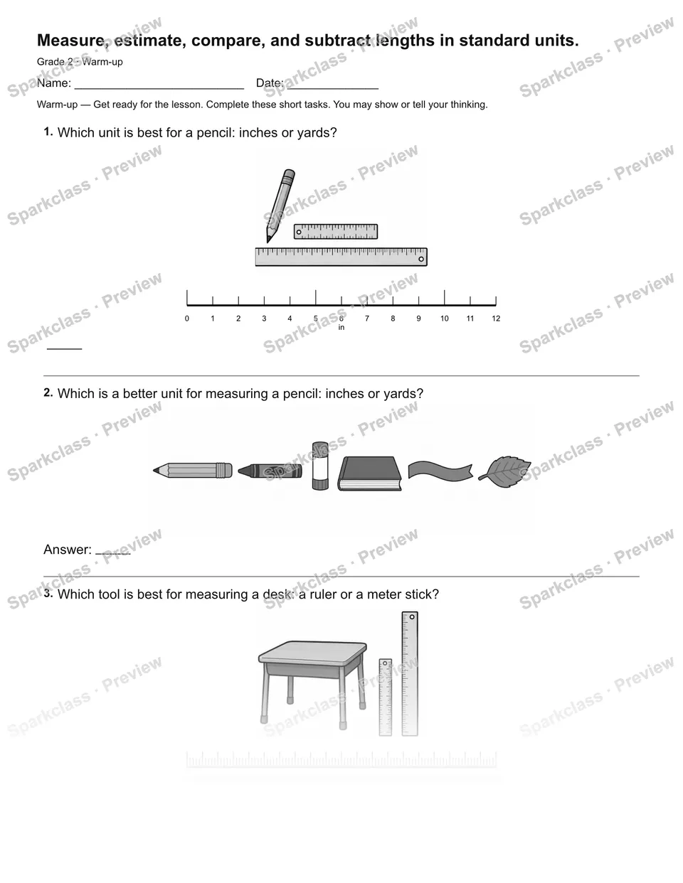 Measure, estimate, compare, and subtract lengths in standard units. — Warm-up — page 1