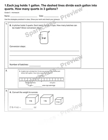 1.Each jug holds 1 gallon. The dashed lines divide each gallon into quarts. How many quarts in 3 gallons? — Homework — Grade 5 worksheet preview