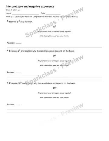 Interpret zero and negative exponents — Warm-up — Grade 8 worksheet preview