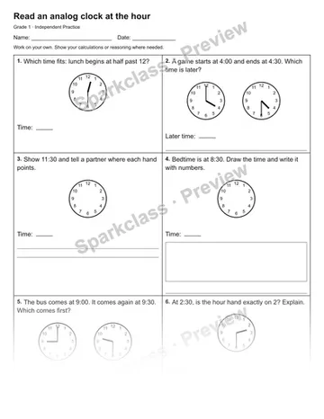 Read an analog clock at the hour — Independent Practice — Grade 1 worksheet preview