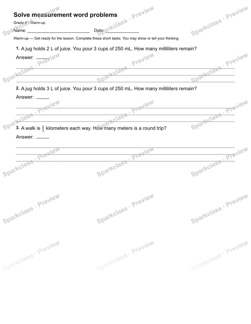 Solve measurement word problems — Warm-up — page 2