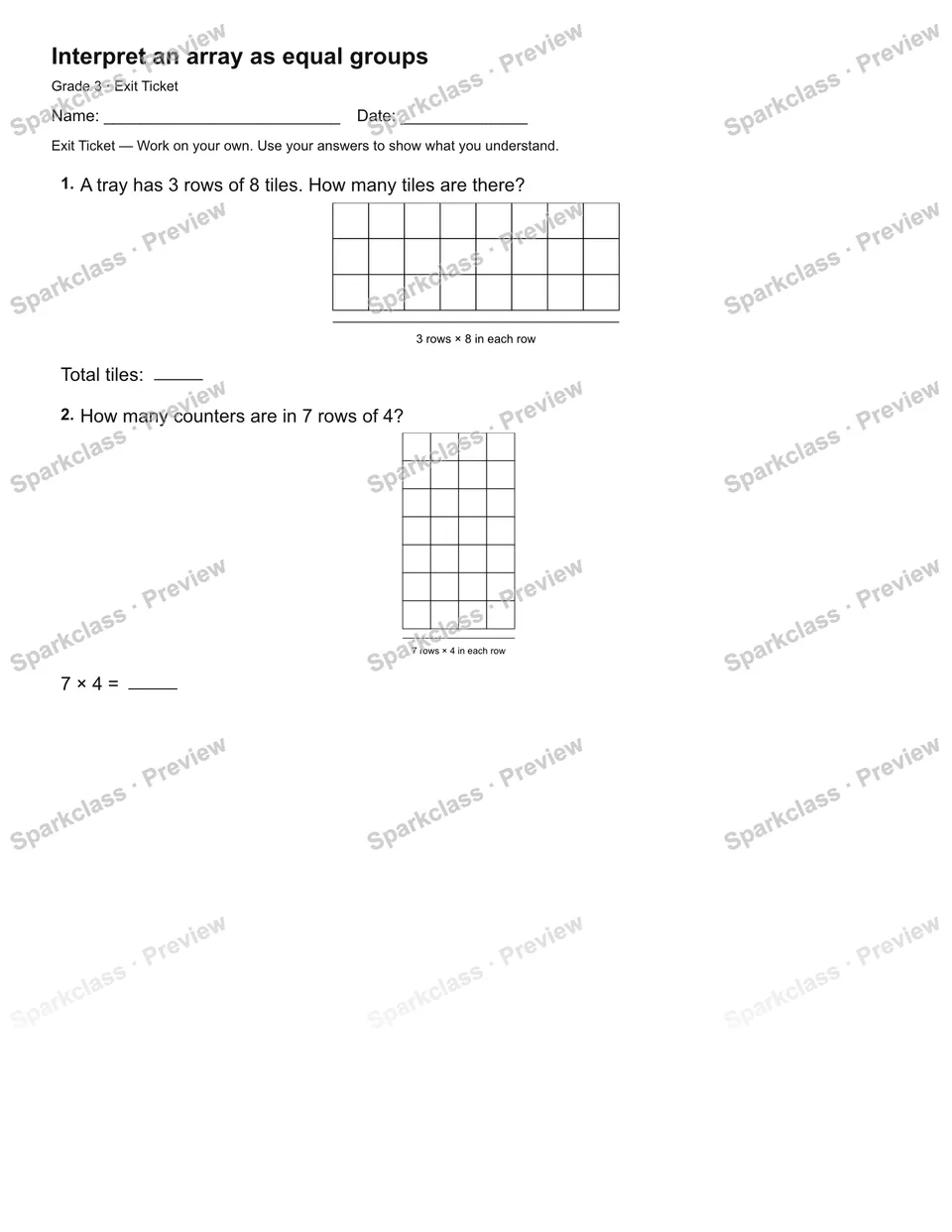 Interpret an array as equal groups — Exit Ticket — page 1