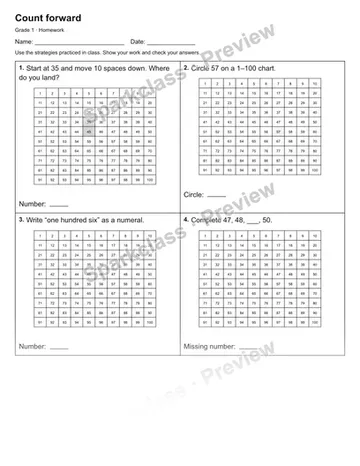 Count forward — Homework — Grade 1 worksheet preview