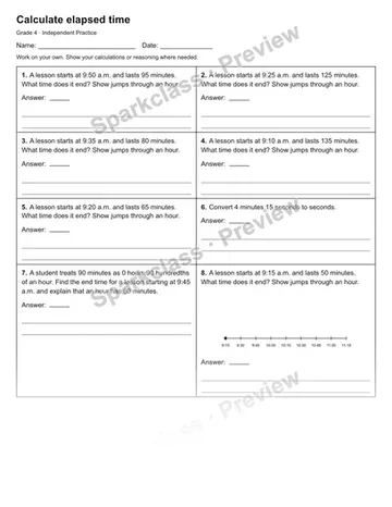 Calculate elapsed time — Independent Practice — Grade 4 worksheet preview
