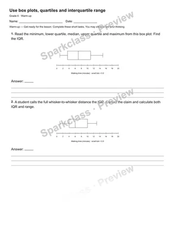 Use box plots, quartiles and interquartile range — Warm-up — Grade 6 worksheet preview