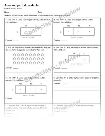 Area and partial products — Guided Practice — Grade 4 worksheet preview