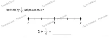 How many 1/4 jumps reach 2? 0 1 2 2 ÷ 1/4 = — Grade 5 problem preview
