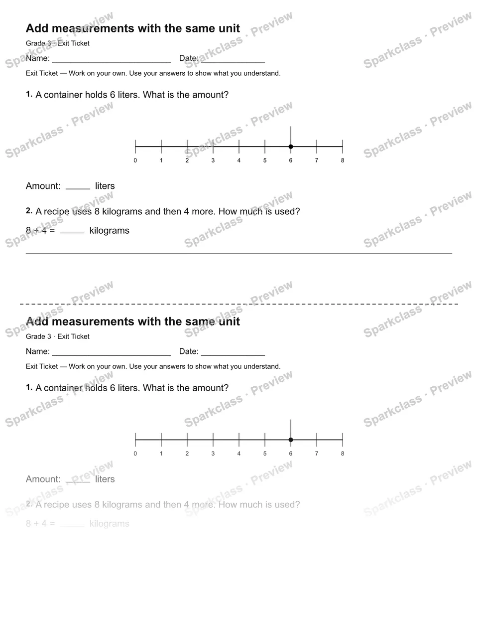 Add measurements with the same unit — Exit Ticket — page 1