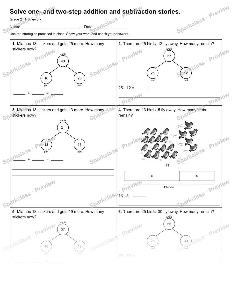 Solve one- and two-step addition and subtraction stories. — Homework — page 1