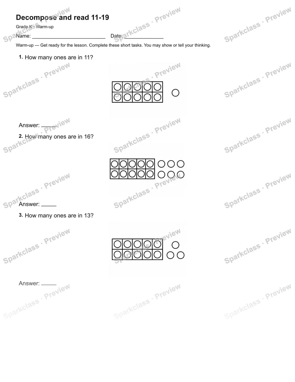 Decompose and read 11-19 — Warm-up — page 1