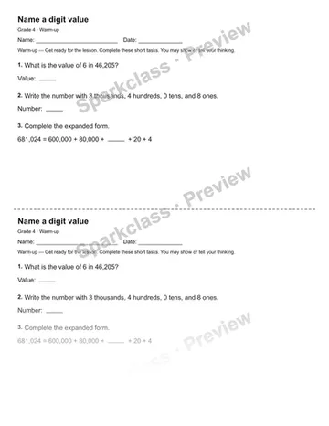 Name a digit value — Warm-up — Grade 4 worksheet preview