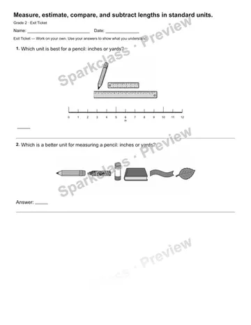 Measure, estimate, compare, and subtract lengths in standard units. — Exit Ticket — Grade 2 worksheet preview