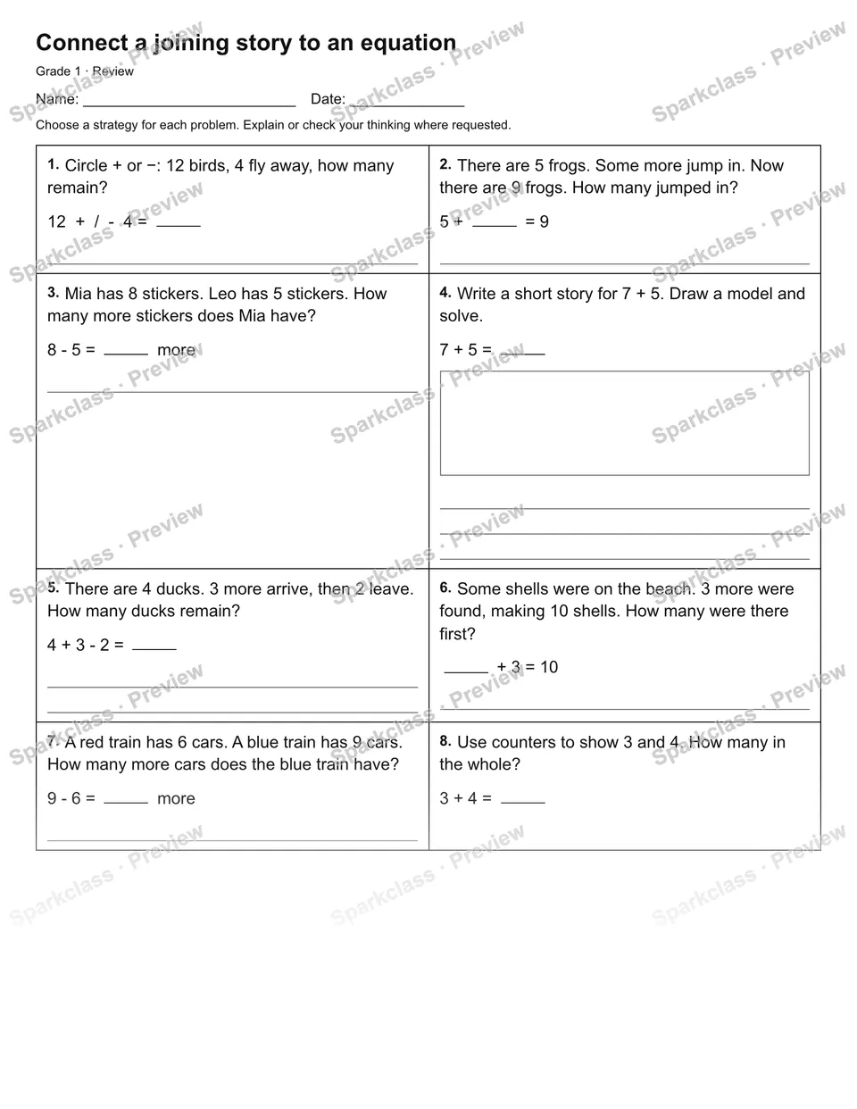 Connect a joining story to an equation — Review — page 1