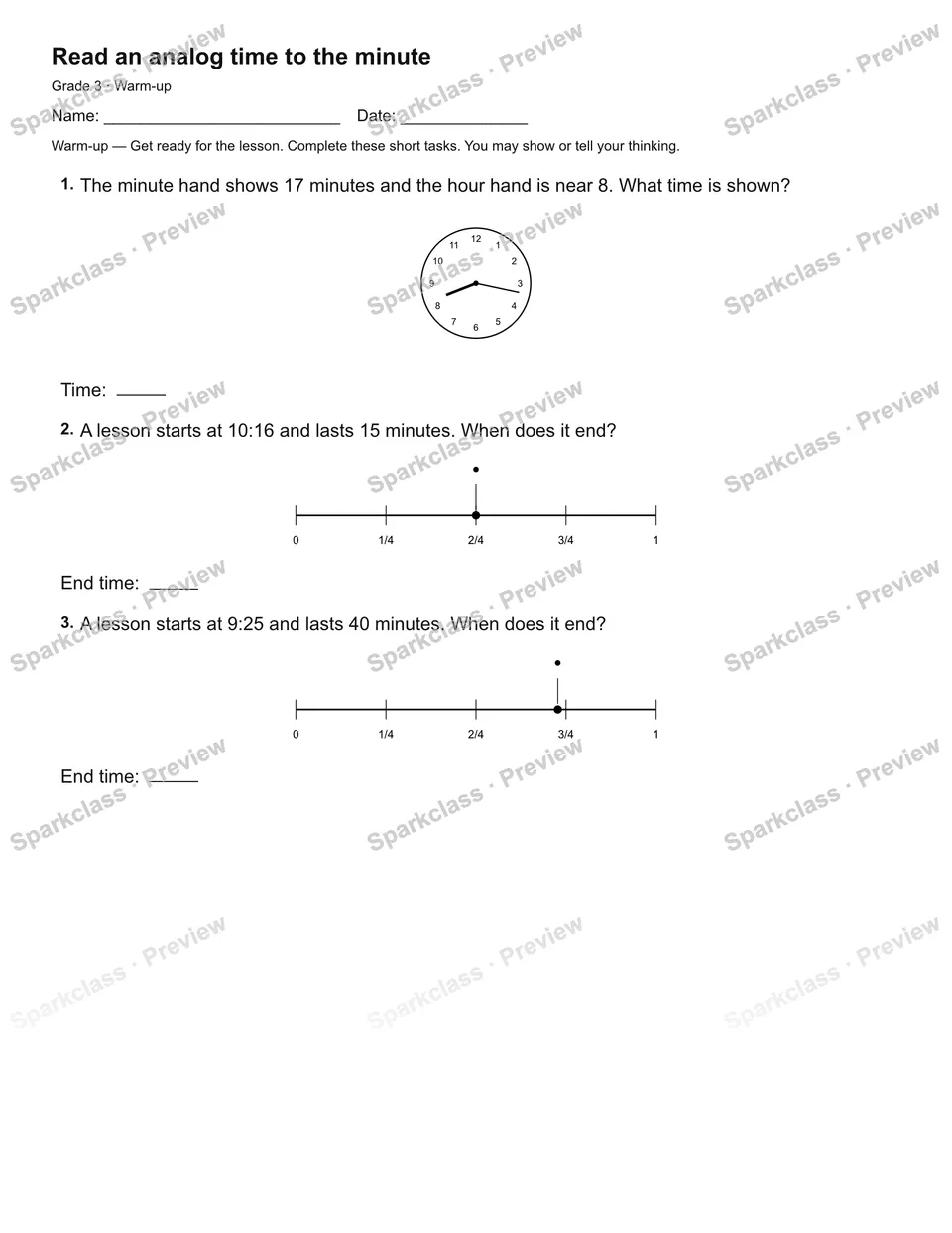 Read an analog time to the minute — Warm-up — page 1
