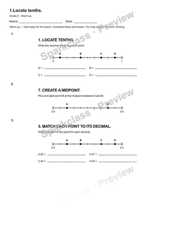 1.Locate tenths. — Warm-up — Grade 5 worksheet preview