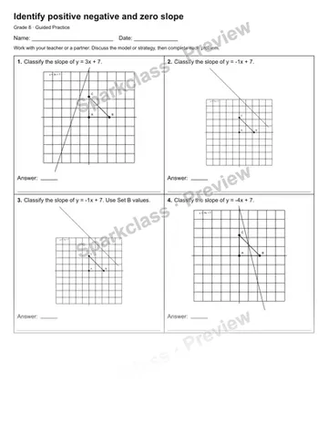 Identify positive negative and zero slope — Guided Practice — Grade 8 worksheet preview