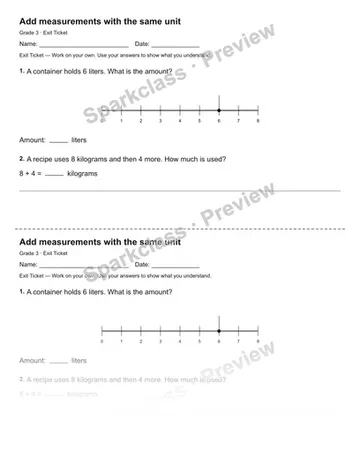 Add measurements with the same unit — Exit Ticket — Grade 3 worksheet preview