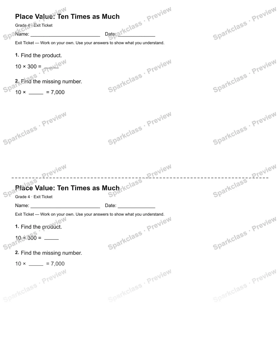 Place Value: Ten Times as Much — Exit Ticket — page 1