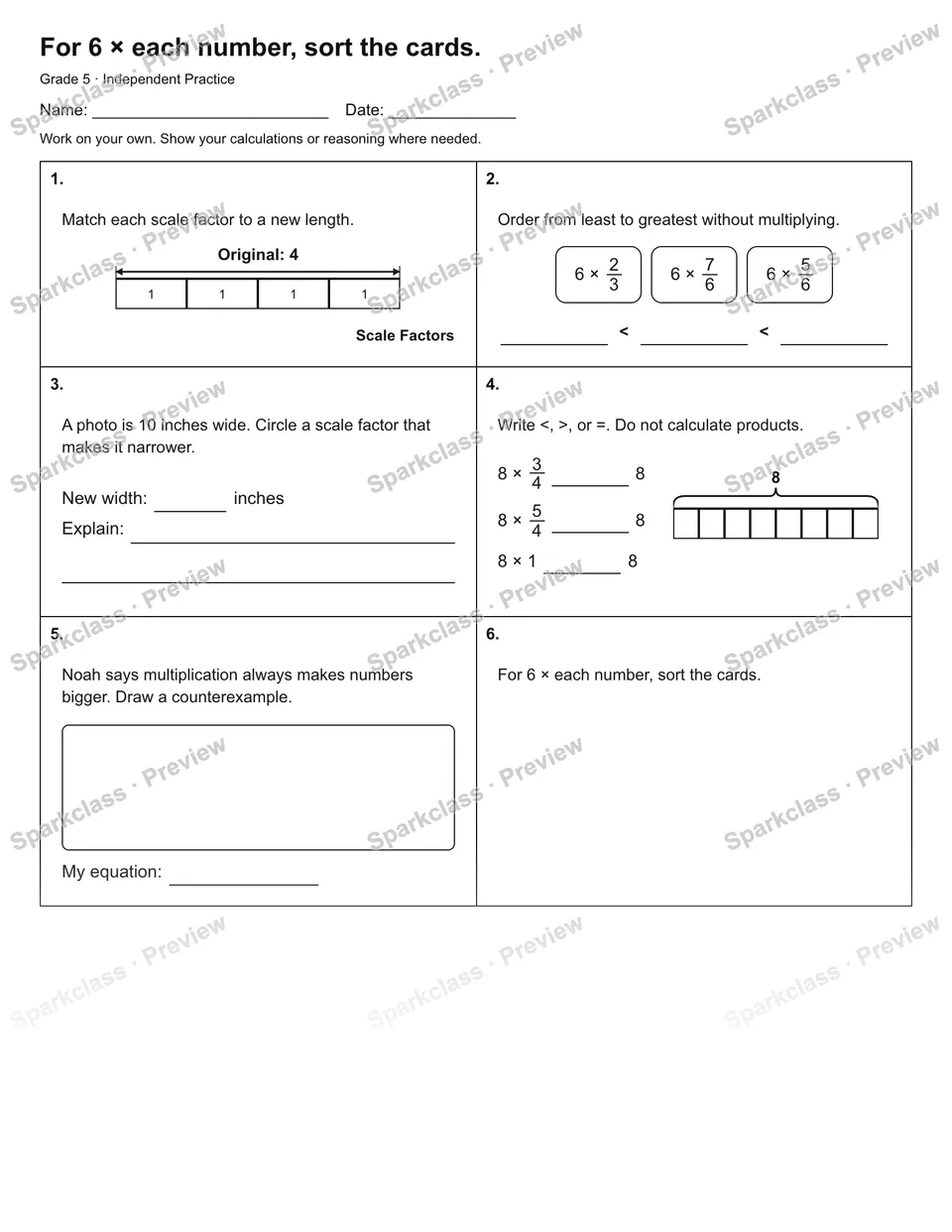 For 6 × each number, sort the cards. — Independent Practice — page 1