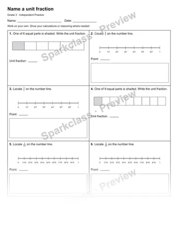 Name a unit fraction — Independent Practice — Grade 3 worksheet preview