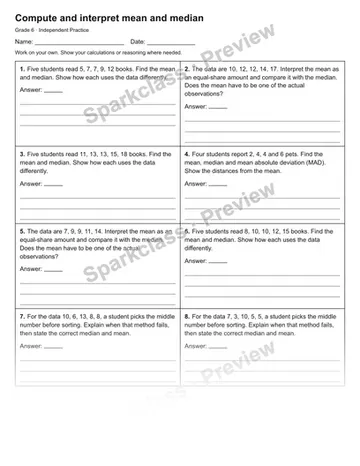 Compute and interpret mean and median — Independent Practice — Grade 6 worksheet preview