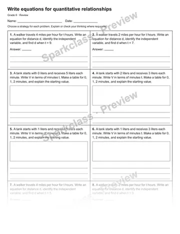 Write equations for quantitative relationships — Review — Grade 6 worksheet preview