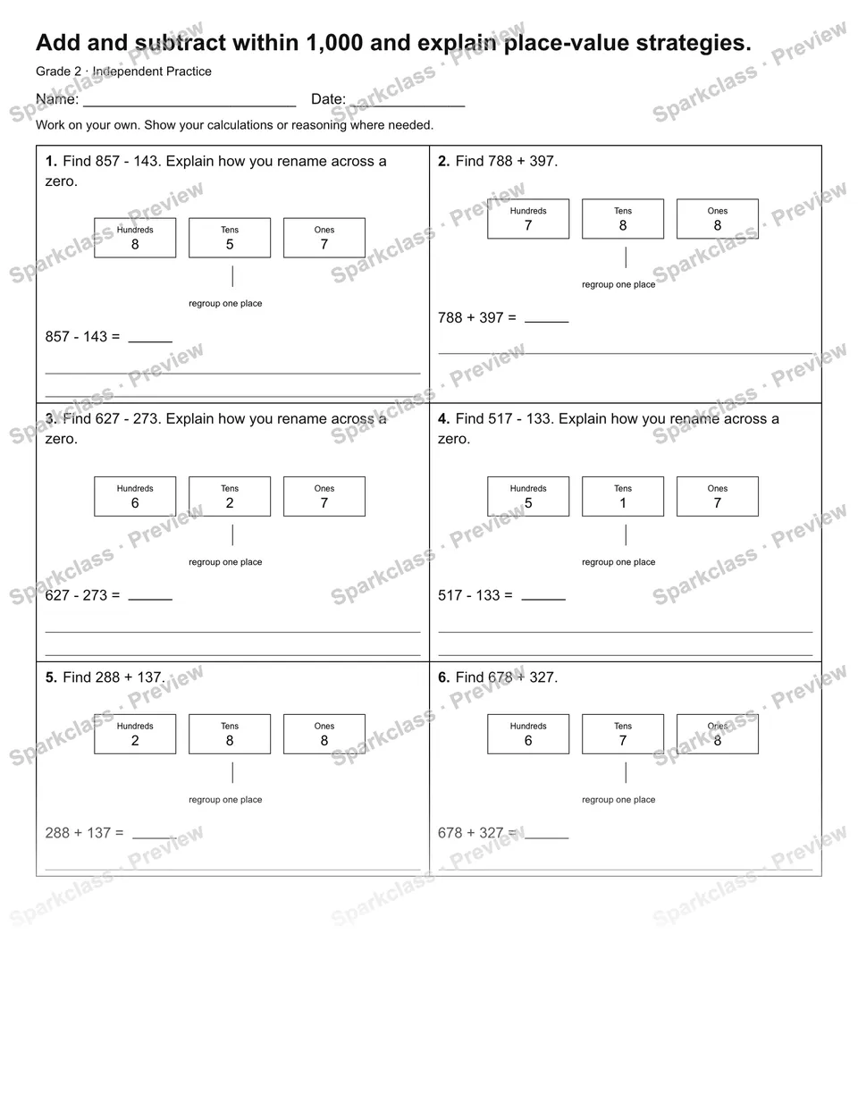 Add and subtract within 1,000 and explain place-value strategies. — Independent Practice — page 1