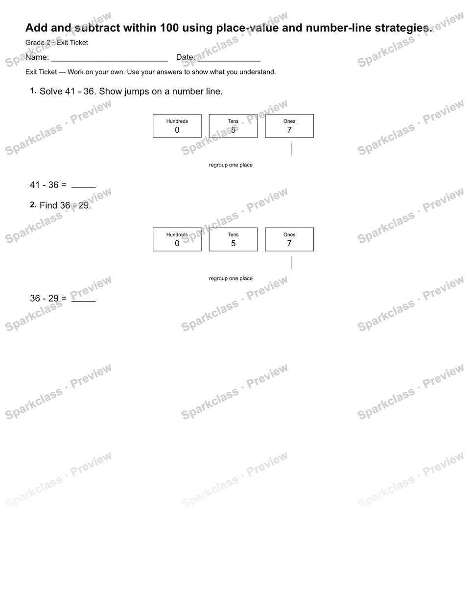 Add and subtract within 100 using place-value and number-line strategies. — Exit Ticket — page 2