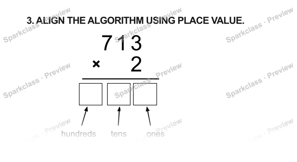3. ALIGN THE ALGORITHM USING PLACE VALUE. 7 1 3 × 2 hundreds tens ones — page 1