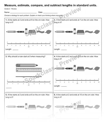Measure, estimate, compare, and subtract lengths in standard units. — Review — Grade 2 worksheet preview