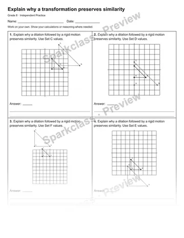 Explain why a transformation preserves similarity — Independent Practice — Grade 8 worksheet preview
