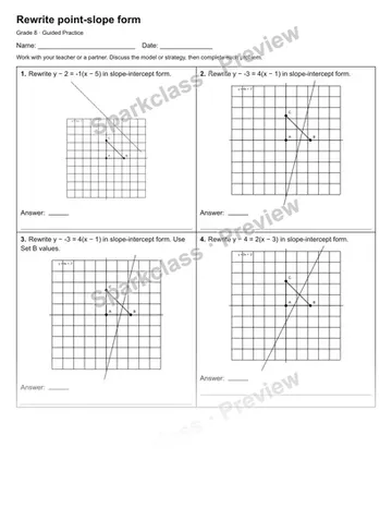 Rewrite point-slope form — Guided Practice — Grade 8 worksheet preview