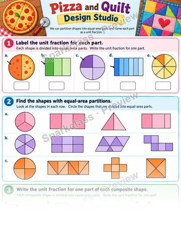 Equal-Area Fraction Partitions — Grade 3 worksheet preview