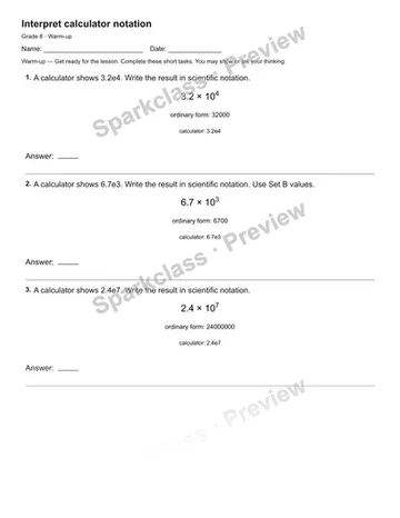 Interpret calculator notation — Warm-up — Grade 8 worksheet preview