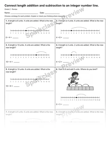 Connect length addition and subtraction to an integer number line. — Review — Grade 2 worksheet preview