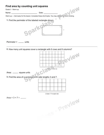 Find area by counting unit squares — Warm-up — Grade 3 worksheet preview