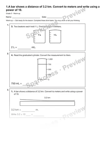 1.A bar shows a distance of 3.2 km. Convert to meters and write using a power of 10. — Warm-up — Grade 5 worksheet preview