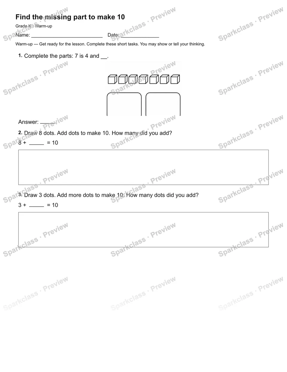 Find the missing part to make 10 — Warm-up — page 2