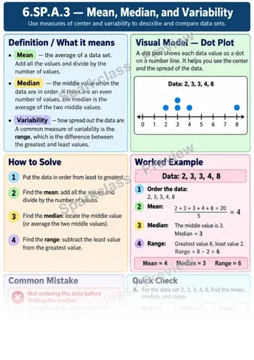 Knowledge Guide · Measures of center and variation — Grade 6 worksheet preview