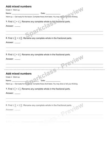 Add mixed numbers — Warm-up — Grade 4 worksheet preview