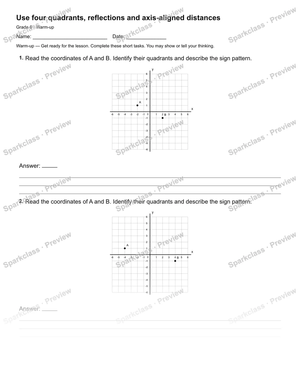 Use four quadrants, reflections and axis-aligned distances — Warm-up — page 2