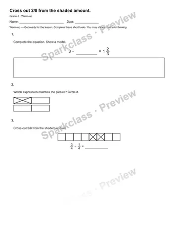 Cross out 2/8 from the shaded amount. — Warm-up — Grade 5 worksheet preview