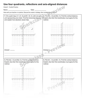 Use four quadrants, reflections and axis-aligned distances — Guided Practice — Grade 6 worksheet preview