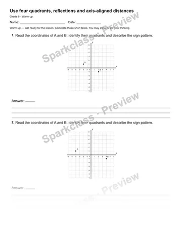 Use four quadrants, reflections and axis-aligned distances — Warm-up — Grade 6 worksheet preview
