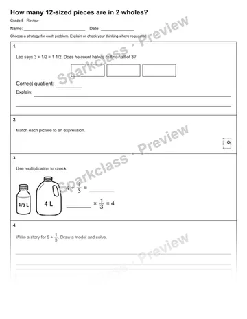 How many 12-sized pieces are in 2 wholes? — Review — Grade 5 worksheet preview