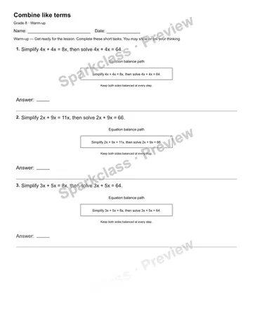 Combine like terms — Warm-up — Grade 8 worksheet preview