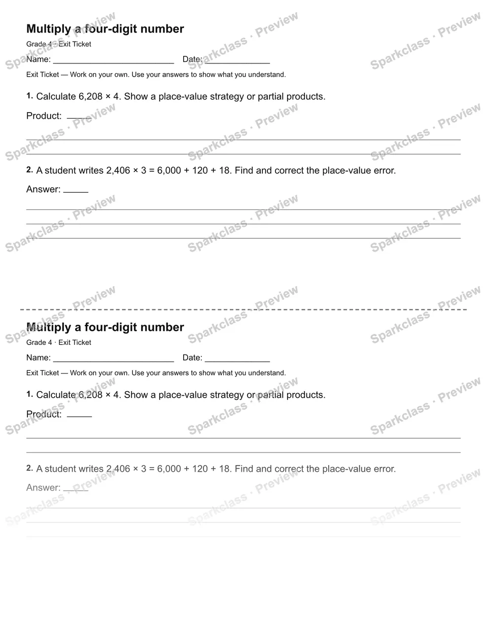 Multiply a four-digit number — Exit Ticket — page 1