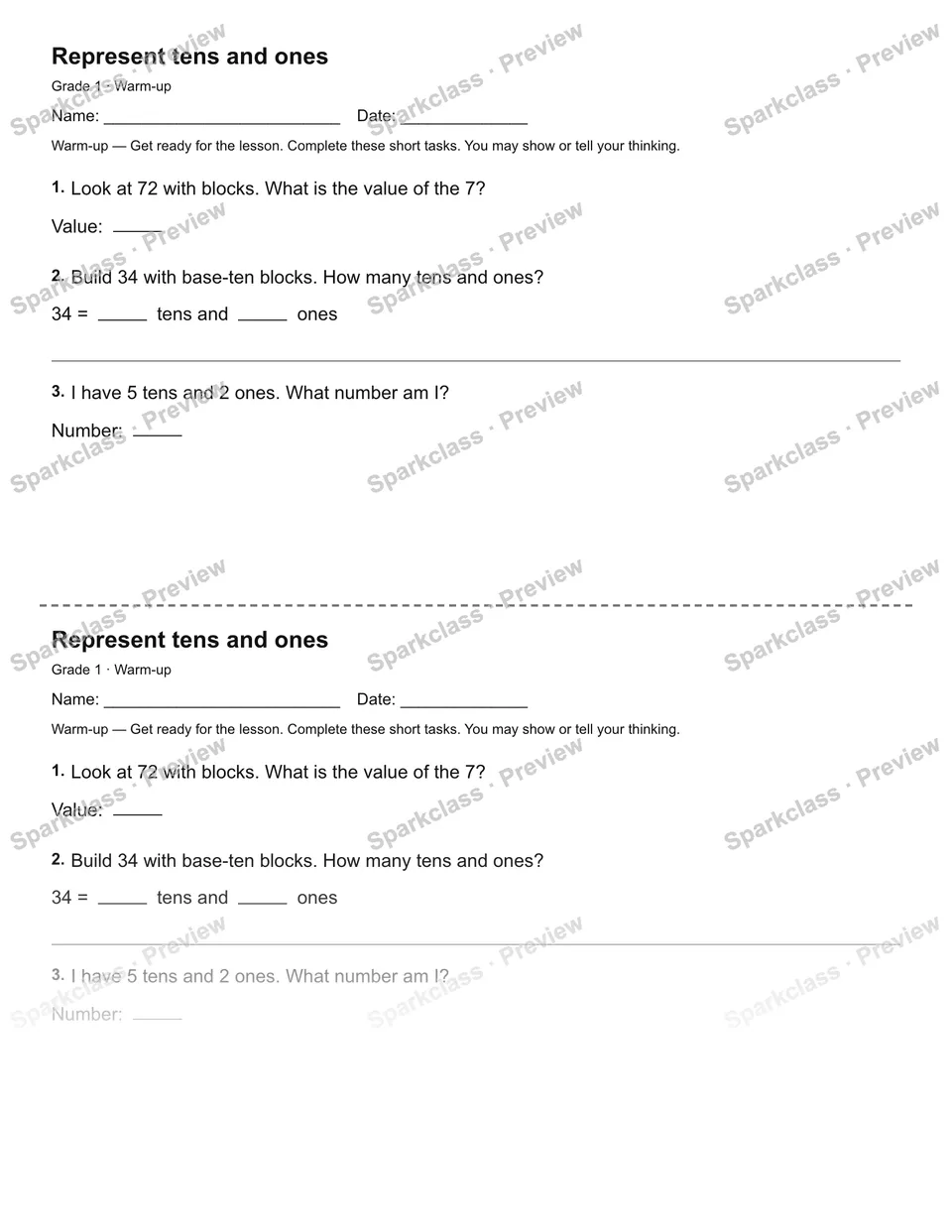Represent tens and ones — Warm-up — page 1